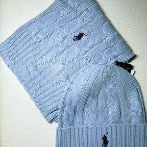 Ralph Lauren Light Blue Cable Knit Hat and Scarf Set